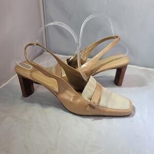 Bandolino straped mules heels tan and white career Womens Shoes Size 10
